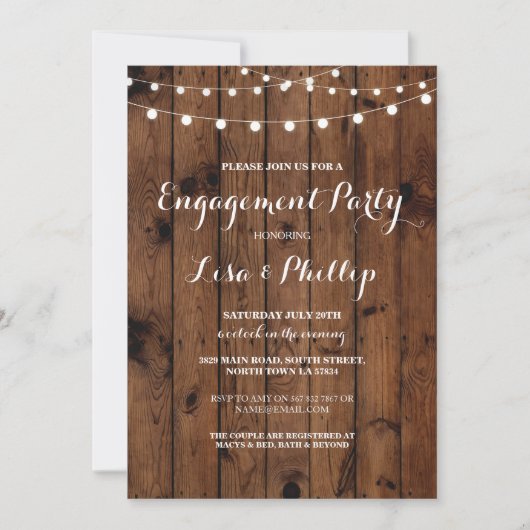 Invitation Partie d'engagement Wood Rustic Lights Douche Invi (Devant)