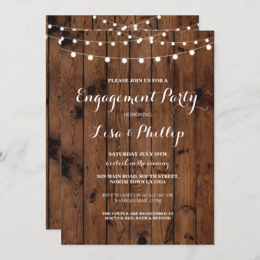 Invitation Partie d'engagement Wood Rustic Lights Douche Invi (Devant / Derrière)