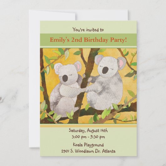 Invitation Partie douce d'anniversaire de enfant de koala (Devant)