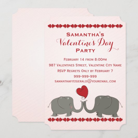 Invitation Partie lunatique de jour de Valentines d'éléphants (Devant / Derrière)