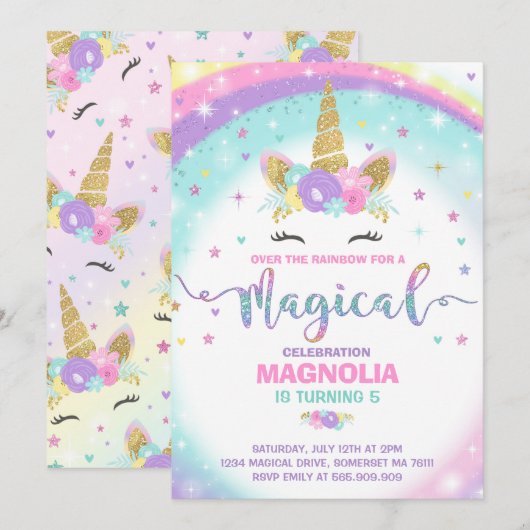 Invitation Partie magique de licorne d'invitation (Devant / Derrière)