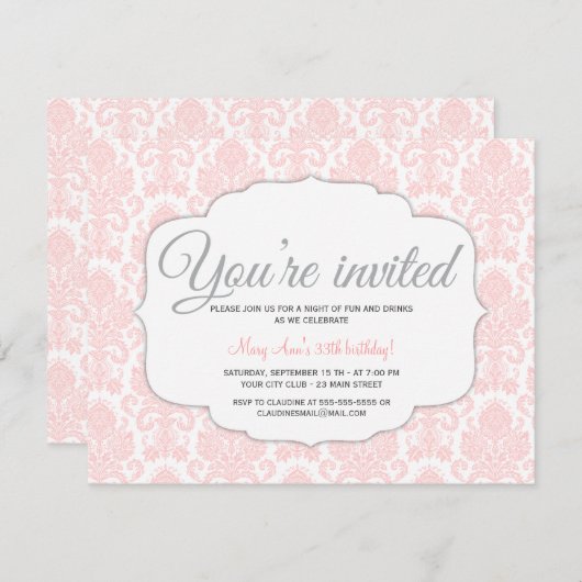 Invitation Partie moderne de rose de damassé (Devant / Derrière)