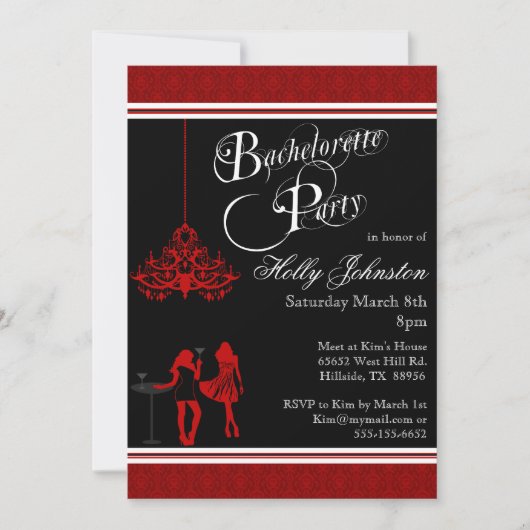 Invitation Partie noire et rouge de Bachelorette de lustre de (Devant)
