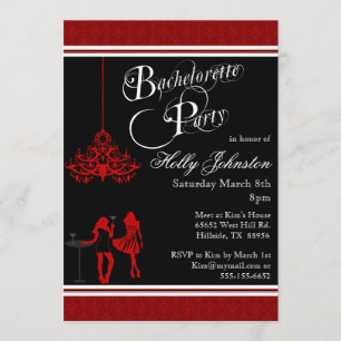 Invitation Partie noire et rouge de Bachelorette de lustre de