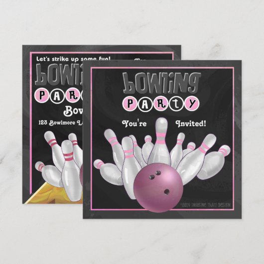 Invitation Partie rose à la mode de bowling (Devant / Derrière)
