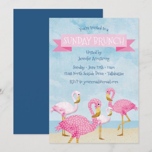 Invitation Partie rose de brunch dominical de Flamant rose (Devant / Derrière)