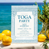 Invitation Partie Toga grecque en bleu avec colonnes élégante