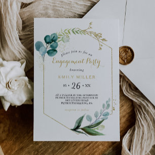 Invitation Partie vintage d'engagement Gold et Green Eucalypt