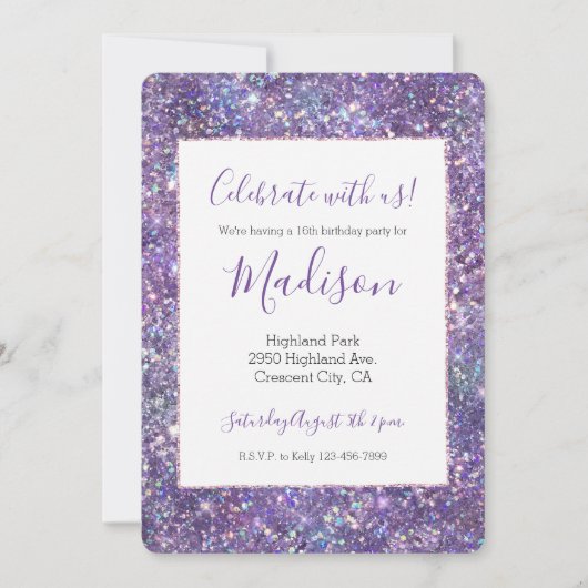 Invitation Parties scintillant à étincelle violette glam (Devant)