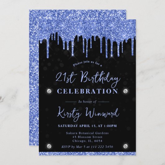 Invitation Parties scintillant à goutte bleue sur Black Bokeh (Devant / Derrière)