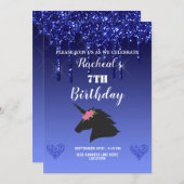 Invitation Parties scintillant à goutte bleue Unicorne floral (Devant / Derrière)