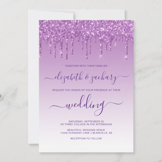 Invitation Parties scintillant à goutte chic Mariage pourpre (Devant)