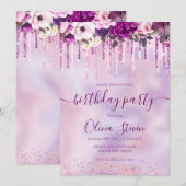 Invitation Parties scintillant à goutte chic rose floral viol (Devant / Derrière)