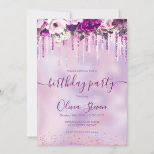 Invitation Parties scintillant à goutte chic rose floral viol
