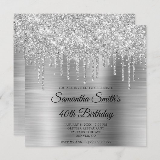 Invitation Parties scintillant à goutte d'argent et Foil 40e  (Devant / Derrière)