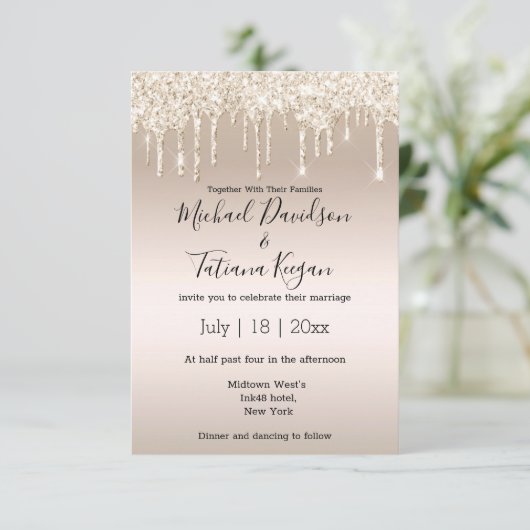 Invitation parties scintillant à goutte de champagne design m (Debout devant)