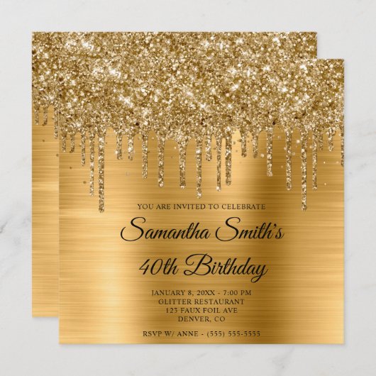 Invitation Parties scintillant à goutte d'or et huile 40e ann (Devant / Derrière)