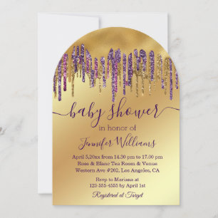 Invitation parties scintillant à goutte d'or violet baby show