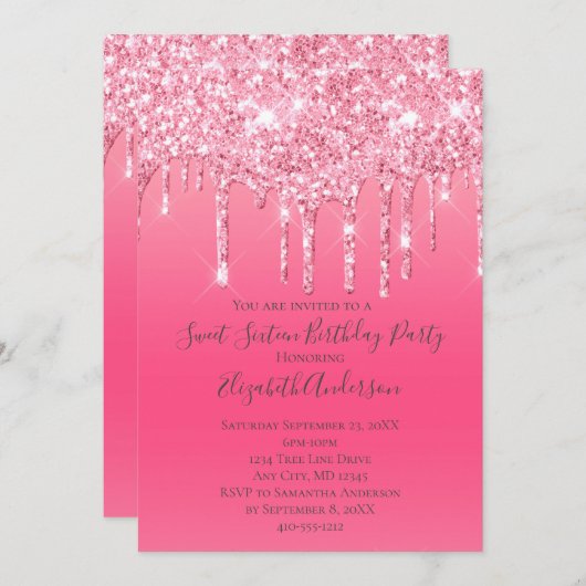 Invitation Parties scintillant à goutte rose Fille tendance c (Devant / Derrière)