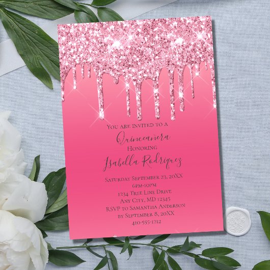 Invitation Parties scintillant à goutte rose fille tendance Q