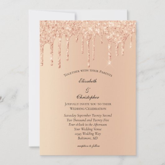 Invitation Parties scintillant à goutte rose Pêche Mariage à  (Devant)