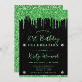 Invitation Parties scintillant à goutte verte Bokeh noir 21e (Devant / Derrière)