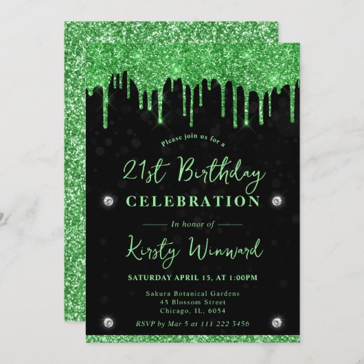Invitation Parties scintillant à goutte verte Bokeh noir 21e  (Devant / Derrière)