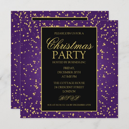 Invitation Parties scintillant à huile violet or points Noël (Devant / Derrière)