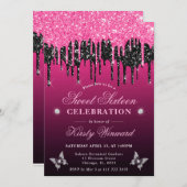Invitation Parties scintillant à séchage rose et noir chaud d (Devant / Derrière)