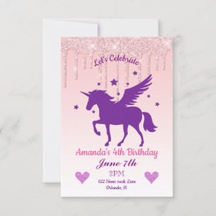 Invitation Parties scintillant à séchage rose/licorne violett