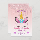 Invitation Parties scintillant à séchage rose/Unicorne floral (Devant / Derrière)