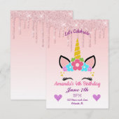 Invitation Parties scintillant à séchage rose/Unicorne floral (Devant / Derrière)