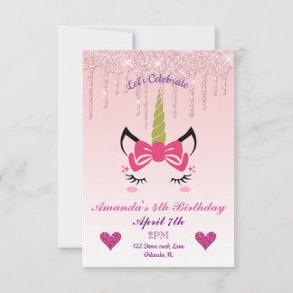 Invitation Parties scintillant à séchage rose/Unicorne floral