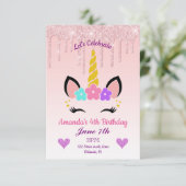 Invitation Parties scintillant à séchage rose/Unicorne floral (Debout devant)