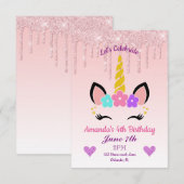 Invitation Parties scintillant à séchage rose/Unicorne floral (Devant / Derrière)