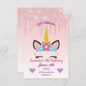 Invitation Parties scintillant à séchage rose/Unicorne floral (Devant / Derrière)