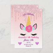 Invitation Parties scintillant à séchage rose/Unicorne floral (Devant / Derrière)
