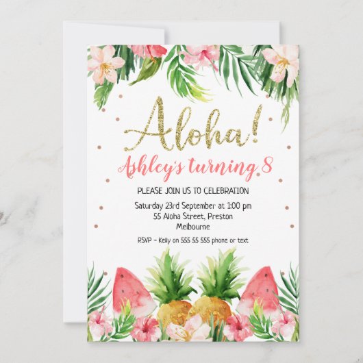 Invitation Parties scintillant Aloha Tropical Floral Et Fruit (Devant)