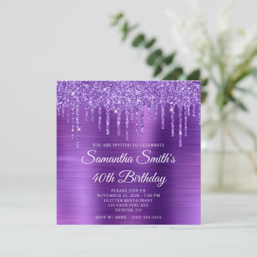 Invitation Parties scintillant Améthyste gouttes et Foil 40e  (Debout devant)