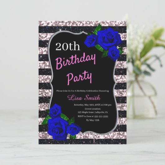 Invitation Parties scintillant Anniversaire Noir rose Bleu p (Debout devant)