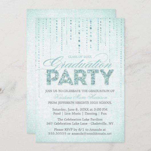 Invitation Parties scintillant Aqua Look Graduation Party Inv (Devant / Derrière)