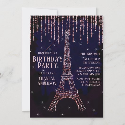 Invitation Parties scintillant Aquarelle Paris Tour Eiffel An (Devant)