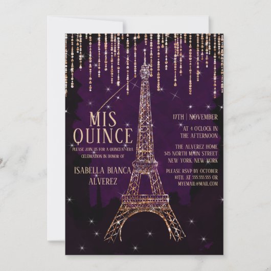 Invitation Parties scintillant Aquarelle Paris Tour Eiffel Qu (Devant)
