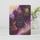 Invitation Parties scintillant aquarelle violet et or Mariage (Debout devant)