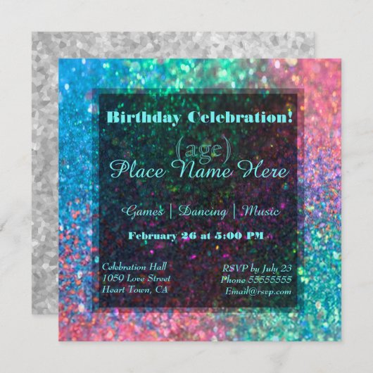 Invitation Parties scintillant arc-en-ciel (Devant / Derrière)