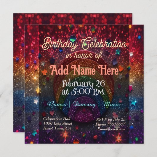 Invitation Parties scintillant arc-en-ciel (Devant / Derrière)