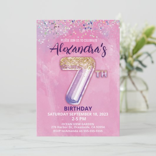 Invitation Parties scintillant arc-en-ciel 7e anniversaire Fi (Debout devant)