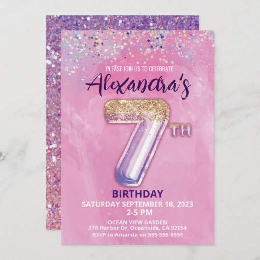 Invitation Parties scintillant arc-en-ciel 7e anniversaire Fi (Devant / Derrière)