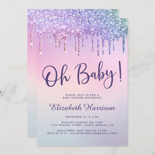 Invitation Parties scintillant arc-en-ciel Baby shower rose g (Devant / Derrière)