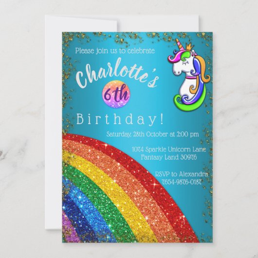 Invitation Parties scintillant Arc-en-ciel bleu clair licorne (Devant)